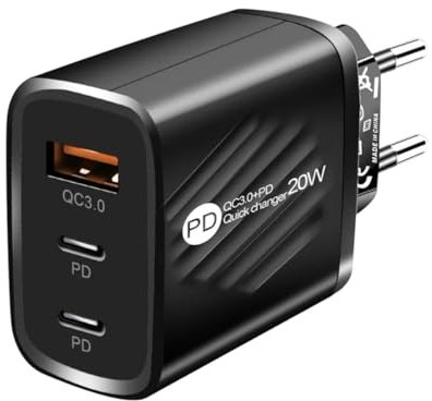 EU 2pin USB +Dual 2 ports type C 20W Fast Charger (BLACK)