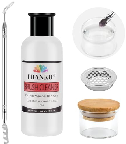 EBANKU 120ml Acrylic Nail Brush Cleaner, 3 in 1 Nail Art Brushes Conditioner Nail Brush Clean Solution Quickly Clean With Glass Cup and Scrub Brush for Solid Gel Polish/Nail Extension Gel