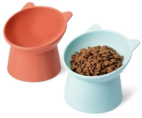 Amazon Basics Futternäpfe für Katzen, Katzenohrform, 2er-Pack, 13,2 × 13,2 × 11,4 cm, orange und blau