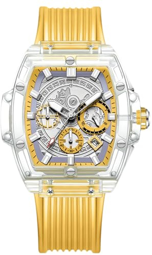 RORIOS Men's Transparent Tonneau Wrist Watch Analogue Quartz Watch Multifunctional Fashion Watch Waterproof Chronograph Watch with Silicone Strap Yellow