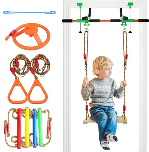 Doorway Swing mount for Kids & Door Pull Up Bar for Adults, Indoor Kid Swing with 4 Accessories, Multi-Function Doorway Gym, Fits Door Frame 24.41-30.51'' W x 3.94-6.69'' Thickness (Orange)