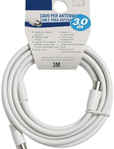 Terryshop74® Cavo Antenna TV 3 metri Coassiale Schermato – Connettori Maschio/Femmina per TV, Decoder DVB-T/DVB-T2 e Presa Antenna – Bianco