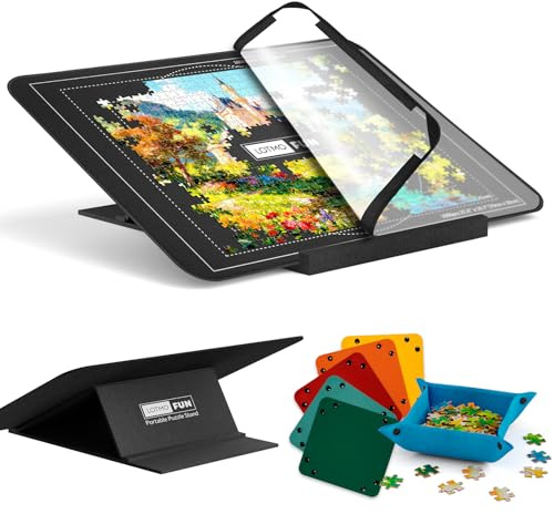 LOTMOFUN Plateau de puzzle pour 1000 pièces avec support inclinable, Planche de puzzle portable en feutre avec 6 plateaux de tri et couvercle, table de puzzle avec rangement et surface antidérapante