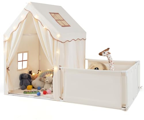 HOMASIS 2 en 1 Tienda de Campaña con Corral, Campaña Infantil con Ventanas, Luces de Estrellas y Alfombra, para Niños de 3+ Años (Beige)