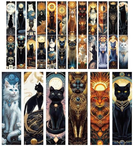 ASSZBE 30 bokmärken med katt-tarot och himmelska motiv, 15 x 4 cm | Mystisk och färgstark papperskonst som gör lässtunden mer personlig – en charmig gåva för elever och bokälskare.