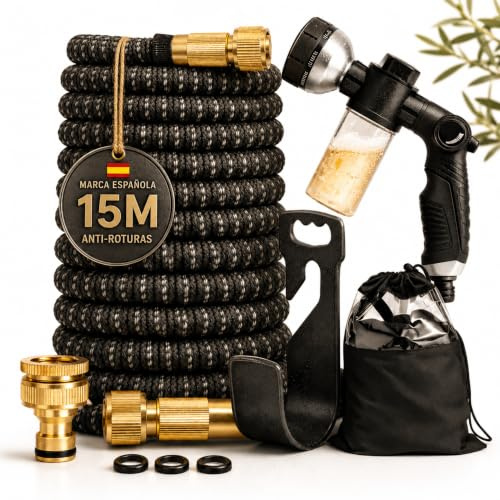 Manguera extensible de 15 metros, manguera jardin extensible de poliéster resistente 3300D, con conectores de latón y pistola con depósito de jabón, incluye set con colgador y bolsa de almacenaje