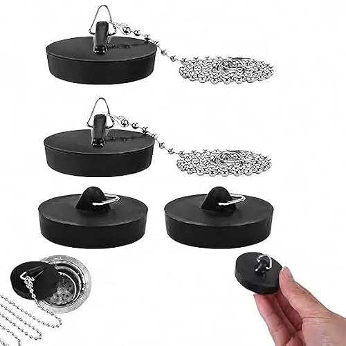 Tapones para Fregadero y Desague, Juego de 4 Piezas con 2 Tapones con Cadena de 40 cm y 2 Tapones sin Cadena, Sellado para Cocina, Bano, Banera, Ducha y Lavabo