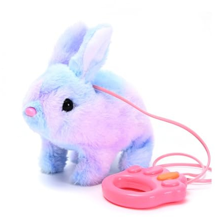 Lapin en peluche interactif avec oreilles mobiles - Bruits pour tout-petits - Peluche électrique - Avec laisse vers l'avant et l'arrière (C, 16 cm)