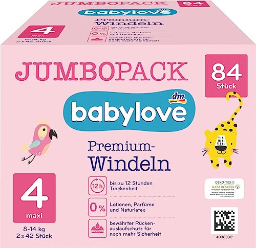 babylove Windeln Premium aktiv plus Größe 4, maxi 7-18kg, Jumbo Pack 2x42 Stück, 84 St