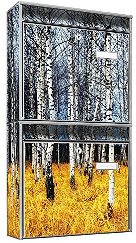 banjado Briefkastenanlage 2 Fach - 2 Briefkästen 36x64x10cm groß - Doppelbriefkasten Set - Namensschild, 2 Schlüssel, Montagematerial - Stahl verzinkt Silber - Motiv Birkenhain
