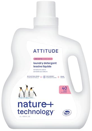 ATTITUDE Lessive Liquide, Certifié EWG Verifié, Élimine les Tâches & les Odeurs, Végan, Ingrédients d'Origine Naturels, Sans Parfum, 40 Brassées, 2 Litres