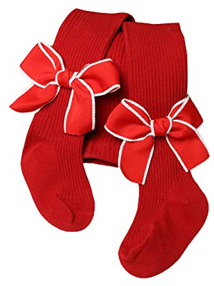YILEEGOO Bambino Delle Ragazze Del Bambino Collant A Costine Maglia Collant Con Fiocchi Di Velluto Chritsmas Giorno Di San Valentino Leggings Pantaloni Calze Ne, rosso bianco, 6-12 Mesi