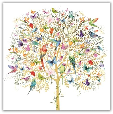 Nigel Quiney Artistic Blank Greeting Card - Birds and Butterfly Tree - Suitable for Birthday/Anniversary - Pizazz Range