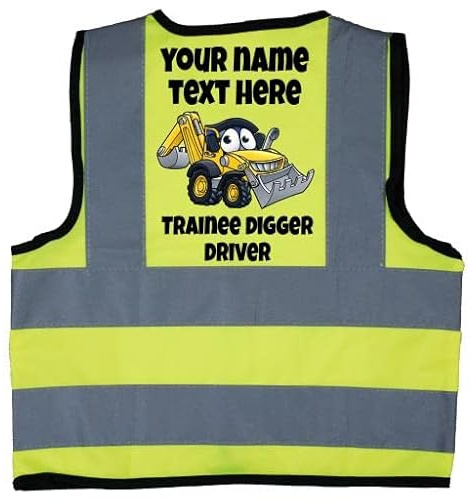 Acce Products Personalised Trainee Digger Driver Colour Excavator Baby Children Kids Hi Vis Safety Jacket Vest Size 2-3 Years Yellow Optional Text To Front