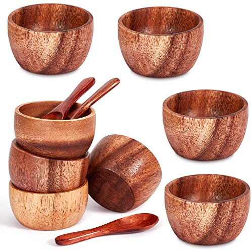 Didaey 8 Pcs Small Wooden Dipping Bowls Condiments Mini Wood Small Serving Bowls 3. 2 x 2. 4 Inches with 8 Spoons for Salad with Serving Utensils for Sauces, Nuts, Ketchup, Herb
