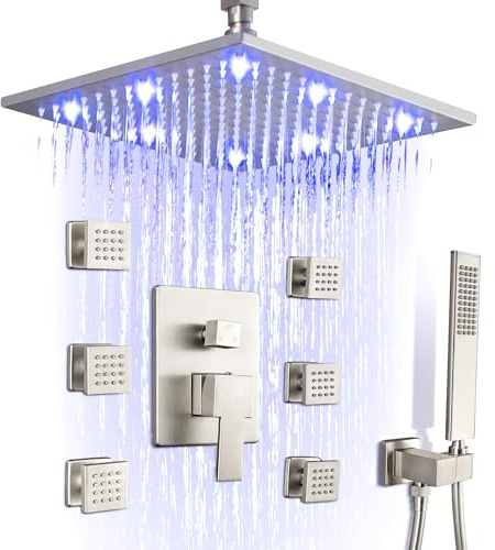 SKOWLL Brushed Nickel Shower Faucet Set Ceiling Mount 12 Inch LED Rainfall Shower Head with Body Jet Complete, Bathroom Shower System with Handheld, Pressured Balance Rough-in Valve