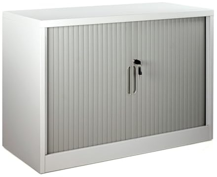 Brigros - Armadietto Metallo Scaffale Con Ante Scorrevoli, Armadio Salvaspazio Per Ufficio O Archivio, Armadio Con Serranda In Acciaio Con Serratura (100x45x72, Grigio)