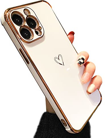ZTOFERA Hülle Kompatibel mit iPhone 15 Pro Max, Mädchen Weiche Silikon Handyhülle Schutzhülle mit Herz Muster Goldener Rand Stoßfest Bumper Cover, Weiß