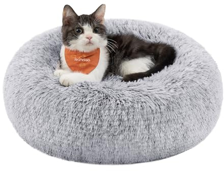Feandrea Panier pour Chien, Lit Ronde en Forme de Beignet, Canapé, Coussin Central Amovible et Lavable, Tissu Peluche Doux, Ø40 cm, Gris Ombré PGW036G01