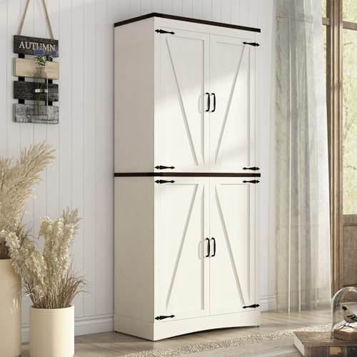 Hlivelood 71 Tall Kitchen Pantry,Farmhouse Storage Cabinet with Adjustable Shelves,Load-Bearing Steel Pipe,Farmhouse Pantry Cabinet with 4 Barn Doors,for Kitchen,Dining Room,Living Room(Rustic White)