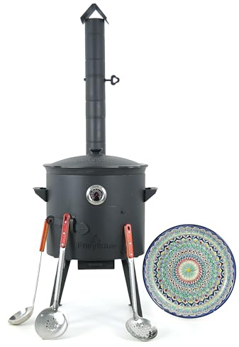 Utschak Feuerofen Gusseisen Topf runder Boden mit Deckel (12 L) KazanoFF, Учаг, Kazan Deckel,Kessel,Schöpfkelle,Schaumlöffel,Lagan (Set 12R 3)