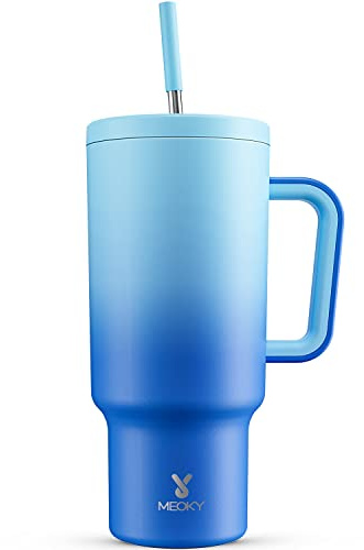 Meoky 1182ml Tumbler with Straw and Lid, 40oz Tumbler with Handle, Insulated Stainless Steel Travel Mug Water Bottle, 100% Leak-Proof, Cold for 34 Hours or Hot for 10 Hours (Sky)