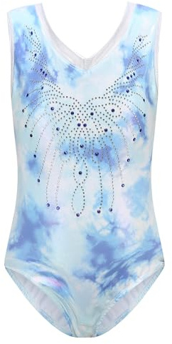 SEAUR Gymnastik trikåer för flickor dans balett trikåer ärmlös atletisk bodysuit barn skola sport tights, A02-Tie-dye blå, 9-10 Years