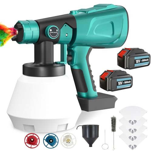 Farbsprühsystem mit 2 3000mAh Akkus, Farbsprühsystem Wandfarbe mit 1000ml Farbbehälter, 4 Düsen+3 Sprühmuster, Farbsprühgerät für Schränke Autos Wände Möbel Haus Malerei