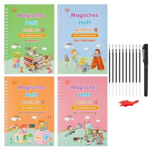 Magisches Übungsheft,Deutsch Magisches Heft,Groove Calligraphy,Kalligraphie Zahlen Zeichnung Buchstaben,Wiederverwendbares Handschrift Nachziehen,Schreibbuch Für Kinder,Gerilltes Mal- Und Zeichenbuch