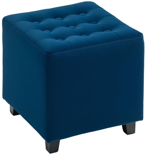 HOMCOM Petit repose-pieds ottoman en velours, repose-pieds carré avec pieds en bois d'hévéa et siège rembourré pour salon, chambre à coucher, entrée Bleu 35 x 35 x 35 cm