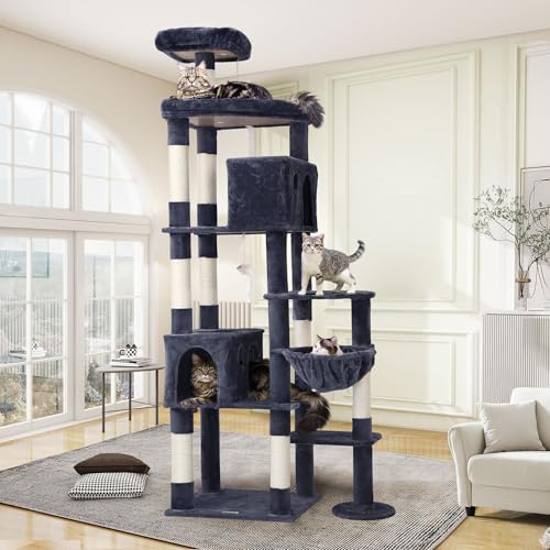 Globlazer Tiragraffi per Gatti XXL, Albero Gatti Grandi Alto 213 cm con 2 Grotte, Grande Piattaforma, Trespoli Imbottiti, Cesto, Torre del Gatto Stabile per Grandi Gatto Adulti (F83, Grigio Scuro)