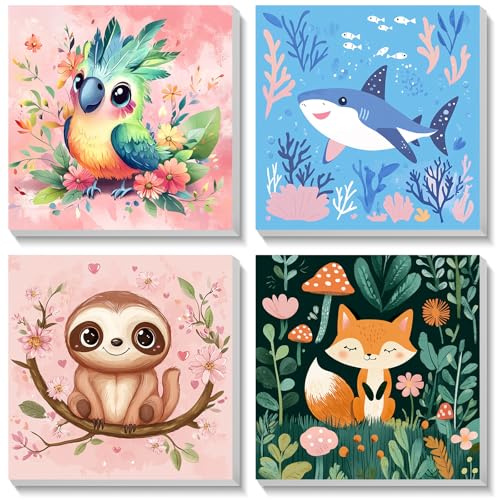 Bowetile 4 Pack Animal Pintar por Numeros Adultos Niños Principiantes con Marco, Kit DIY Cartoon Cuadros para Pintar por Numeros, Pintura Acrilica Manualidades Niña, Regalo 4-8-12+ Años 20X20 cm