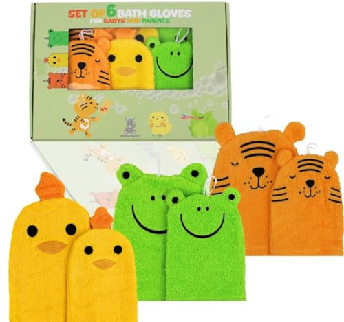 Hello Hippo® 6er-Set Baby Waschlappen – 3 für Eltern & 3 für Kinder – Waschhandschuhe aus Baumwolle – Tiermotive: Frosch, Küken, Tiger – Waschbare Kinderwaschlappen