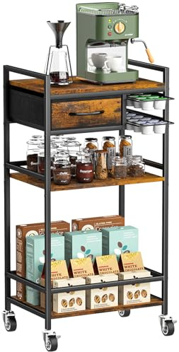 Housolution 4-Tier Coffee Bar Cart with Storage, 33 H Coffee Station Cabinet With Pod Drawers for Nespresso Vertuo, Mini Toaster Oven Stand Table for Home, Kitchen, Living Room (Rustic Brown)