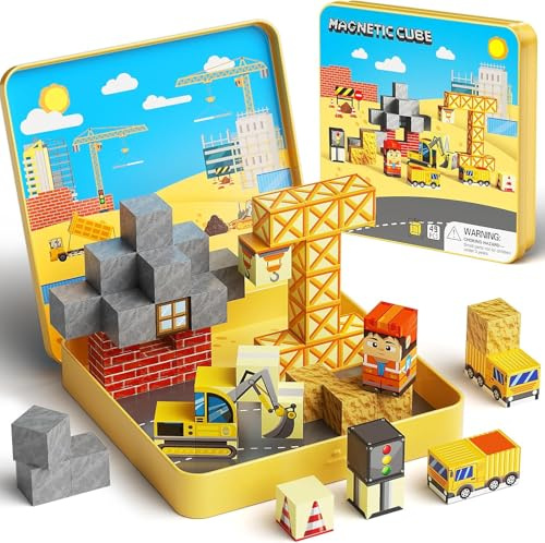 Construction Magnétique Enfant 3-8 Ans, 49 Blocs Magnétiques d'ingénieur Empilables Jouets de Voyage avec Boîte de Rangement, Jeu Cubes Construction Magnétiques Cadeau pour Garçons Filles de 3+ Ans