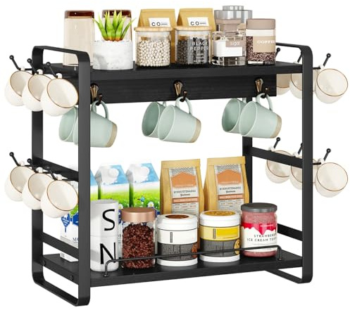 IBUYKE kaffebar station bänkskiva organisatör, 2 våningar kök koppstativ, metall trä kopphylla kopphållare med 18 krokar, multifunktionell koppträd för kök, kontor, svart TBJ006B