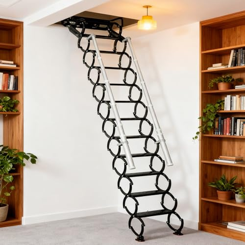 Escalera Plegable de Pared con pasamanos, Escalera de ático con Sistema de Descenso de 12 escalones, Escalera de ático telescópica, Altura aplicable de 9,6 a 10 pies, 660 Libras (Black, 12 Steps)