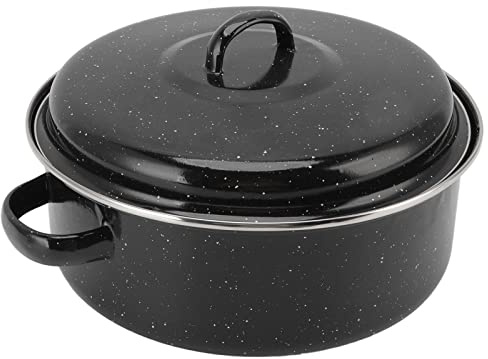 Black Enameled Steel Round Roaster Pot with Iron Lid and Rack, Nonstick
