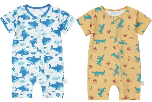 HAHASHOW Body Bebé Manga Corta para Verano 2 Piezas, Ropa Bebé Recién Nacido de Fibra de Bambú Pijamas Niños y Niñas con Cremallera 2 Vías 3-6 Meses Gris tiburón y Estampado Animal