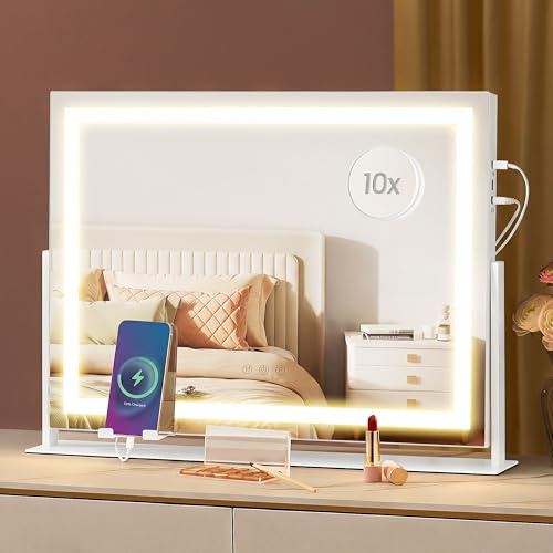 SONGMICS Vanity Makeup Mirror with Lights, 62.5 x 45.8cm LED Makeup Mirror,Charging Ports, 3 Colour Modes, Detachable 10x Magnifying Mirror, Phone Holder, Matte White LWM002WG03
