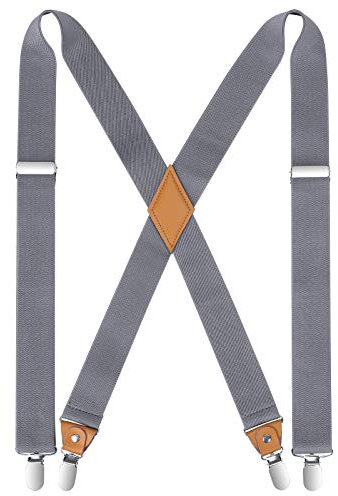 HISDERN Herren 3,5 cm breiter Hosenträger in X-Form mit sehr Starken 4 Metall Clip für Männer und Damen elastisch und verstellbar Grau