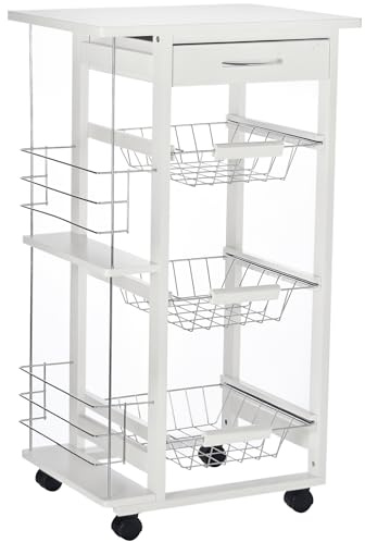 HOMCOM Carrello Isola da Cucina Salvaspazio in Legno di Pino, Carrello Portavivande con 4 Ruote Cassetto 3 Cesti Estraibili Portafrutta, Bianco