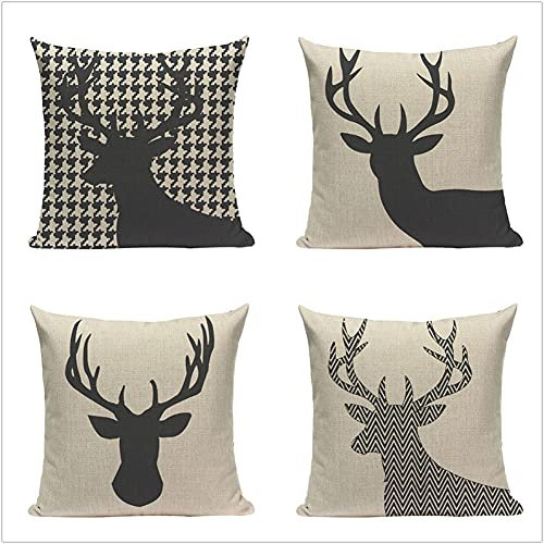 4er Set Dekorative Kissenbezüge 40x40cm Hirsch Schwarz Weiß Kissenhülle Baumwolle Leinen Kissenbezug Zierkissenbezug mit Verstecktem Reißverschluss für Kinder Sofa Schlafzimmer Zuhause Dekor 16x16in