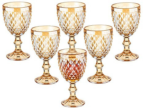 Vintage Wine Glasses Set of 6, 10 Ounce Colored Glass Water Goblets, Unique Embossed Pattern High Clear Stemmed Glassware Wedding Party Bar Glass Drinking Cups Diamond Amber