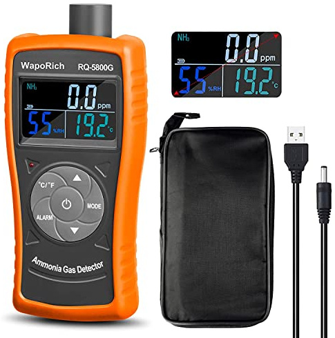 WapoRich Rilevatore di Gas Ammoniaca 0~100 PPM NH3, Tester Ricaricabile con Sensore di Particelle, Misuratore Professionale con Temperatura e Umidità per Allevamenti, Fattorie - RQ-5800G