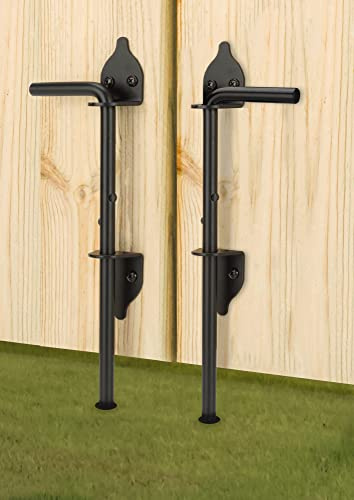 12 Heavy Duty Cane Bolt Gate Drop Rod Hardware Ground Latch for Wood PVC Vinyl Metal Fences Gates, Double Doors, Black Solid Steel -2 Pack