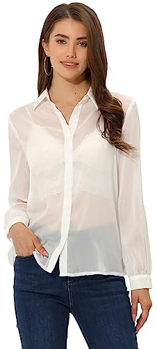 Allegra K Women Oversized Sheer Mesh Long Sleeve Button Down Blouse | Glossy finish. Button front. Sheer mesh. Long sleeves. Versatile for daily wear, work, dating