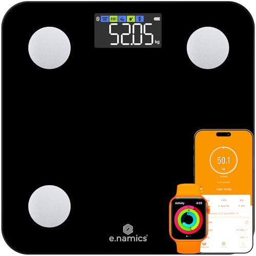 E.NAMICS Körperfettwaage, Personenwaage Digital mit APP 180 kg, Waage Personen Bluetooth, 14 Körpermessingen, Körperwaage