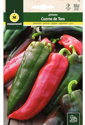 Mascarell Semillas, PIMIENTO, Semillas Huerto, PIMIENTO CUERNO DE TORO (CORNICABRA), Crea tu Propio Huerto Urbano y Cultivo en Casa, Plantas Hortícolas, 1 Gramos