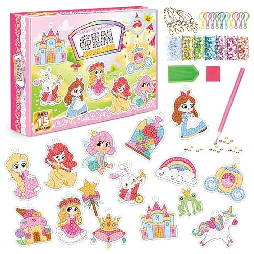 Nyckelringar med Miamantmålning för Barn, CAYUDEN 15 st DIY Diamantkonstnyckelringar för Barn Ornament 5D Djur Diamantnyckelkedja Diamond Painting Keychains Dekorativ Gem Arts för Flickor 8-12 år